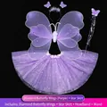 Purple 4-piece light-up butterfly wings gift set with star tutu skirt headband wand - Four-Piece Set (Includes Wings + Skirt + Headband + Wand) / Double Layer With Diamonds + Star Skirt / Purple