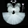 White butterfly wings and star tutu skirt set with magic wand for girls fairy costume - Four-Piece Set (Includes Wings + Skirt + Headband + Wand) / Double Layer With Diamonds + Star Skirt / White