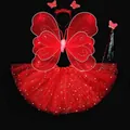 Rotes leuchtendes Schmetterlingsflügel-Kostümset mit Sternen-Tutu und Zauberstab - Vierteiliges Set (Inklusive Flügel + Rock + Stirnband + Zauberstab) / Doppelschichtig Mit Diamanten + Stern Rock / Rot