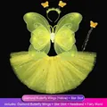Gelbe leuchtende Schmetterlingsflügel-Fee-Set mit Stern-Tutu-Rock, Stirnband und Stab - Vierteiliges Set (Inklusive Flügel + Rock + Stirnband + Zauberstab) / Doppelschichtig Mit Diamanten + Stern Rock / Gelb