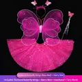 Magenta Glitzer Schmetterlingsflügel und Sternen-Tutu-Rock Feenkostüm für Mädchen - Vierteiliges Set (Inklusive Flügel + Rock + Stirnband + Zauberstab) / Doppelschichtig Mit Diamanten + Stern Rock / Fuchsia