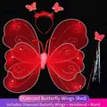 Rotes leuchtendes Schmetterlingsflügel Kostüm-Set mit Zauberstab und Stirnband für Kinder - Dreiteiliges Set (Inklusive Flügel + Stirnband + Zauberstab) / Doppelschichtig Mit Diamanten / Rot