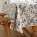 Close-up detail showing the natural texture and blue floral drape of a cotton linen tablecloth. - 110*150cm / Simple Orchid (Rolled Edge)