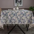 Elegant floral linen tablecloth with blue orchid pattern and decorative white tassels - 110*150cm / Elegant Orchid (Tassel Edge)