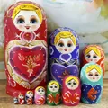 Traditional colorful hand-painted wooden Russian nesting dolls set for home decoration - 10-Layer Heart Style / 21cm High / Red
