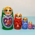 High-quality set of 5 hand-painted wooden Russian nesting dolls featuring heart patterns - 5-Layer Green Heart Style / 11cm High / Green