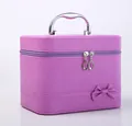 Large capacity purple makeup organizer case with leather texture and elegant bow detail - Small (19.5x13.5x12.5cm) / Purple