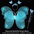Leuchtendes blaues Schmetterlingsflügel-Set mit Stirnband und Zauberstab für Mädchen - Dreiteiliges Set (Inklusive Flügel + Stirnband + Zauberstab) / Doppelschichtig mit Diamanten / Blau