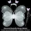 Weißes leuchtendes Schmetterlingsflügel-Kostümset für Mädchen mit Zauberstab und Stirnband - Dreiteiliges Set (Inklusive Flügel + Stirnband + Zauberstab) / Doppelschichtig mit Diamanten / Weiß