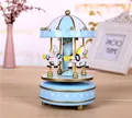 Detailed view of a light blue carousel music box featuring three rotating white horses. - Sky Blue Style (5#) / Height 18cm Diameter 11cm