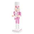 Detail view of a traditional pink wooden nutcracker soldier drummer puppet figurine for decor - 25cm / Drumming Soldier