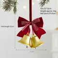Golden Christmas bells hanging ornament with large red velvet bow and size details - Golden Bell / LD-034