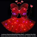 Leuchtende rote Schmetterlingsflügel und LED-Stern-Tutu-Rock-Kostümset für Mädchen - Vierteiliges Set (Inklusive Flügel + Rock + Stirnband + Zauberstab) / Doppelschichtig Mit Diamanten + Stern Rock / Rot