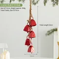Set of 5 red Christmas iron cowbells hanging on rustic jute rope for festive decoration - S189 Red Iron Bell String