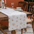 Elegant white plush Christmas table runner with golden sequin snowflake patterns - 33X180cm / Gold