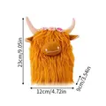 Detailed size guide for Highland cow plush toy featuring a colorful flower crown - Yellow Style