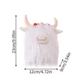 White Scottish highland cow plush toy with flower crown, dimensions 23x12x9 cm details. - White