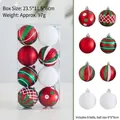 8-piece red and green Christmas ball ornaments set showing box dimensions and ball details - Red White Ball Style (E501085) / 8 Pieces/Pack (6cm Diameter)