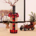 Festive Nordic style linen plaid wine bottle cover with shirt design and bell details - Red Black Plaid Burlap Style