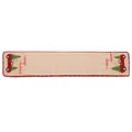 Festive Christmas table runner with a red truck design and plaid edges on beige linen fabric. - Khaki Tractor Style