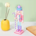 25cm macaron pink wooden nutcracker soldier ornament with candy cane staff - Pink