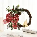 Handmade Christmas wreath with red plaid bow and pine cones for door decoration - Wooden Tree Style (H2-15)