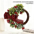 Handmade Christmas wreath with dead branches, buffalo plaid bow, and red berries - Red and Black Plaid Bow Style (H2-8)