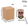 Halloween skull resin ornament showing dimensions and packaging box specifications - Mushroom Style