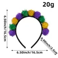 Colorful Mardi Gras tinsel pom-pom headband for festival parties shown with dimensions - One Size / Three-color Glitter Pom-pom Style (D3-9) / Purple/Green/Yellow Multi-color