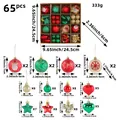 Detaillierte Spezifikationen und Größenangaben für das 65-teilige Weihnachtskugel-Set. - Gold Rot und Grün (R3-54)