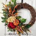 Detail view of 40cm autumn harvest wreath featuring pumpkin, red peony and berries - Autumn Red Hydrangea Pumpkin Wreath (J1-18) / 40CM / Red