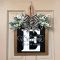 Personalized wooden front door sign with letter E, white flowers and striped bow - 30*30cm / Letter E