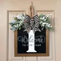 Personalized wooden door sign with letter I, Welcome to our home message and bow - 30*30cm / Letter I