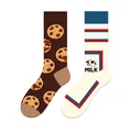 Fun mismatched crew socks featuring cute cow milk and chocolate chip cookies cartoon jacquard - One Size (37-46) / Milk Cookie Style (KJ-050) / Chocolate/Off-White