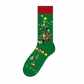 Festive green Christmas crew sock with reindeer and jacquard tree pattern - One Size (37-46) / Green Christmas Reindeer Style (KJ-053-2)