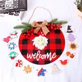 Interchangeable wooden welcome door sign with seasonal holiday icons and red plaid - Welcome Style (K2-18)