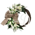 Decorative front door wreath featuring artificial white tulips burlap bow and wooden letter D - Letter D