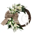 Close-up of white artificial tulip wreath with monogram letter G and rustic burlap bow - Letter G