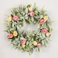 Detail shot of a lush lamb's ear wreath with pink and yellow roses on white wood. - 50cm / Pink Flower (J3-40)