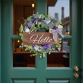 Artificial eucalyptus wreath with Hello wooden sign and striped bow for front door - J1-42 Eucalyptus Wreath