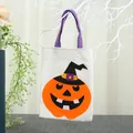 Festliche Halloween Leinentasche mit niedlicher Kürbis-Hexenhut-Filzapplikation für Kinder - Einheitsgröße / Weiß Schwarz Hut Kürbis