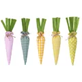 Set of five colorful fabric Easter carrot ornaments with various patterns and felt leaves. - Mixed Pattern 5-Piece Set / Pack Of 5