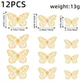 Set of 12 hollow 3D butterfly wall stickers in gold finish with specific dimensions - Style C / Set of 12 / Gold