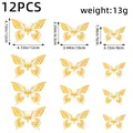 Set of 12 gold 3D hollow butterfly wall stickers in three sizes for home decoration - Style D / Set of 12 / Gold