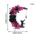 Gothic crescent moon wreath with pink flowers and black cat silhouette for home decor - Rose Red Flowers and Black Roses Moon Cat / L2-11