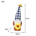 Handmade sunflower plush gnome doll showing height 31cm and 65g weight specifications - Plaid Hat Style (E3-17)