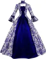 Victorian style blue velvet palace dress with long flared sleeves and floral prints - Blue