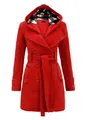 Elegant red women's wool trench coat with plaid hooded lining and waist belt. - S / Tops / Red