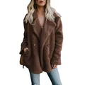 Vue détaillée d'un manteau teddy marron pour femme avec col à revers et boutons. - S / Hauts / Café