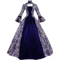 Elegant blue and silver Renaissance medieval gown featuring flared bell sleeves and intricate patterns - S / Dresses / Blue